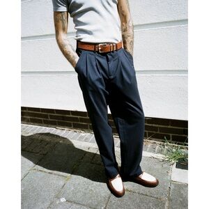 RONNING London Men’s Pleated City Pant Trouser in Navy Pinstripe Buttery Soft